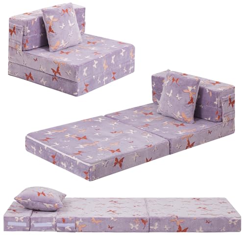 MeMoreCool Foldable Futon Chair Bed for Kids, Glow Tri-fold Sofa Bed Convertible Toddler Sofa Mattress, Foam Floor Couch for Sitting, Purple - color: Lavender Butterfly