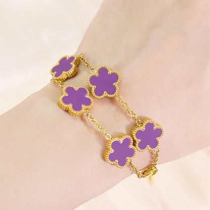 FLY FEI 18K Gold-Plated Four Leaf Clover Bracelet for Women,Adjustable lucky Bracelet Set Jewelry Gift-Hypoallergenic Charm for Birthdays, Wellness & Daily Wear - color: style01-Purple