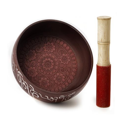 Store Indya Hand Painted 7 Inch Tibetan Metal Singing Bowl, Chakra Healing, Yoga & Meditation Sound Bowl for Stress Relief with Wooden Stick Mallet | Original Tibetan Singing Bowl - color: BROWN