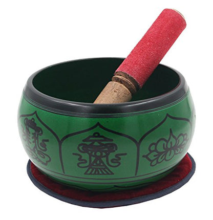 DharmaObjects Yoga Meditation 6 Inches 8 Lucky Symbols Singing Bowl/Cushion/Leather Mallet Gift Set (Green) - color: Green, size: 8 Lucky Symbol
