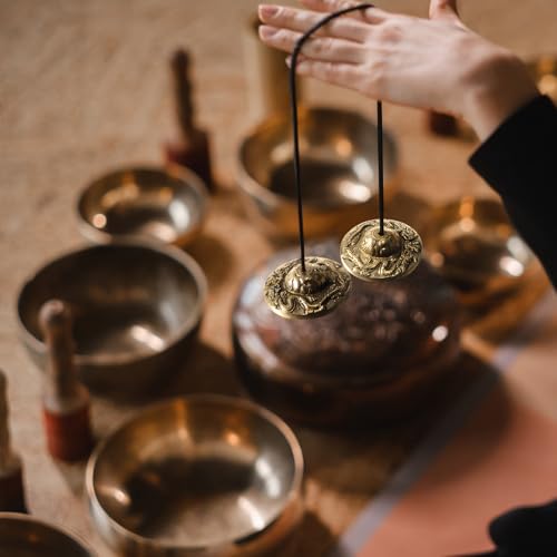 Boao Tibetan Bells Tingsha Cymbals Meditation Chime Bells with Tibetan Drawstring Cloth Bag, 6.3 cm Yoga Finger Meditation Chime for Percussion Instrument(2 Dragons with Bell Embossed) - color: 2 Dragons with Bell Embossed