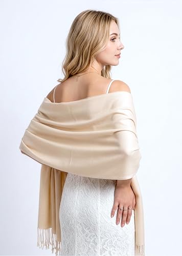 Achillea Lightweight Pashmina Scarf for Women – Soft Silky Shawl Wrap for Evening Dresses, Bridesmaids & Everyday Wear - color: Cream/Beige