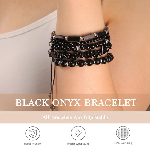 5Pcs Healing Crystal Bracelet for Women Men, Handmade Adjustable Gemstone Bracelets Beaded Reiki Energ Bracelet Set Jewelry Gifts for Women Men - color: Black Onyx