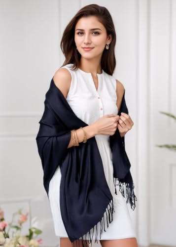 Achillea Lightweight Pashmina Scarf for Women – Soft Silky Shawl Wrap for Evening Dresses, Bridesmaids & Everyday Wear - color: Newport Navy