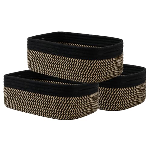 Small Woven Basket, 12 x 8 x 4.5 Inches, Storage Basket for Organizing, Cute Small Rope Shelf Closet Cube Storage Bins Baskets for Shelves, Dog Toy Gift Baskets Empty, 3 Pack Black & Brown - color: Black & Brown, size: 12"L x 8"W x 4.5"H