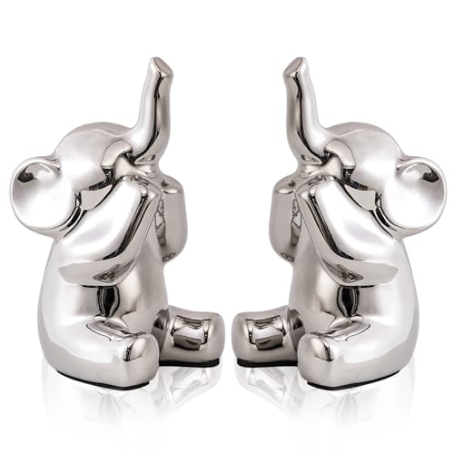SURE YUESI Pair of Small Silver Elephant Figurines, Modern Boho Decorative Statues, Lucky Elephant Home Decor for Living Room, Bedroom, Office Desk & Shelf - color: 2/S Silvery Elephant