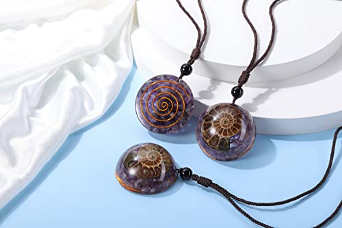 Jovivi 7 Chakra Gemstone Reki Healing Crystal Necklace Round Circle Shape Ammonite Fossil Resin Chip Stones Pendant Necklace for Women Men Life Tree Jewelry Christmas Gifts - color: Ammonite Fossil - Amethyst