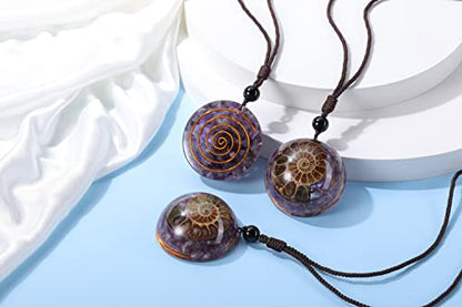 Jovivi 7 Chakra Gemstone Reki Healing Crystal Necklace Round Circle Shape Ammonite Fossil Resin Chip Stones Pendant Necklace for Women Men Life Tree Jewelry Christmas Gifts - color: Ammonite Fossil - Amethyst