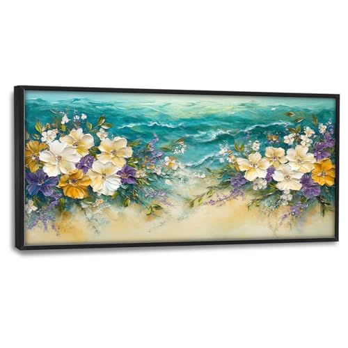 Beach Floral Large Wall Art Coastal Flower Pictures Wall Decor Summer Canvas Seascape Print Painting Modern Artwork Home Decoration for Living Room Bathroom Bedroom Office Framed 60"x30" - color: Beach Floral, size: 60"L x 30"W
