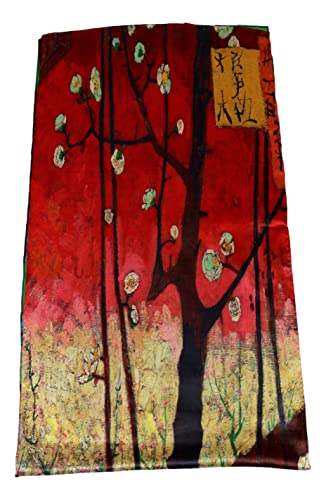 JWSilk Long Charmeuse Silk Scarf Classic Art Print - color: Red and Green
