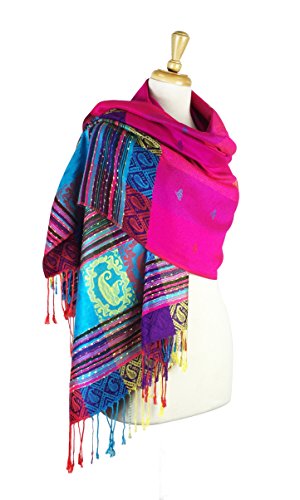 PASKMLNA Double Side Multi Colors Silky Tropical Colorful Exotic Pashmina Wrap Shawl Scarf Rave - color: #3hot Pink