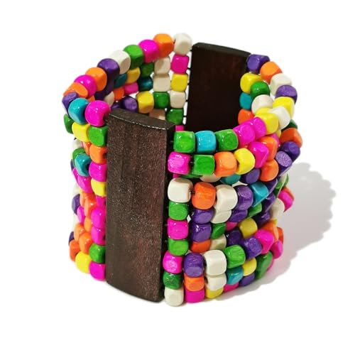 Stretch Wooden Beads Cuff Bracelets Multi Layered Natural Wood Beads Chunky Bangle Wooden Handmade Wide Bracelets Bohemia Jewelry for Women Men - color: D