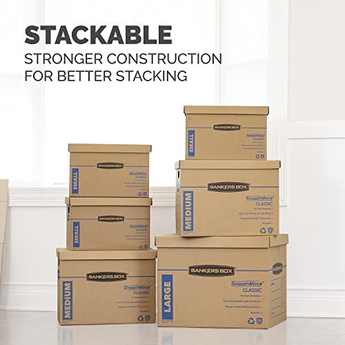 Bankers Box Small Classic Moving Box 20 Pack, Reinforced Handles, Tape-Free Assembly, Box with Lid, 15" x 12" x 10", Cardboard - size: 20 Pack