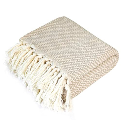 Peshtemania Premium Cotton Boho Throw Blanket Fall Throw Blanket |50”x60”| Beige Cream for Bed Sofa Couch Outdoor Farmhouse Turkish Throws and Blankets for Bedroom Picnic Blankets Yoga Blanket