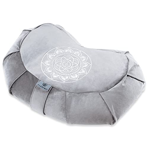 Florensi Meditation Cushion - Comfortable Floor Pillow - Traditional Tibetan Meditation Pillow with Beautiful Velvet Cover - Large Floor Cushion Seating for Adults - Premium Yoga Buckwheat Bolster - color: Grey Crescent
