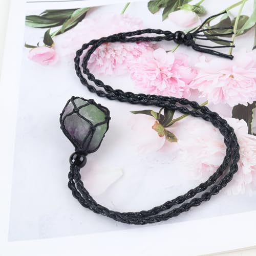 Natural unprocessed crystal raw stone hand woven rope adjustable necklace pendant for both men and women - color: A-Fluorite 1
