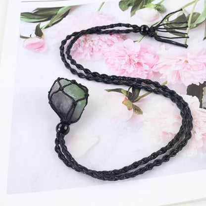 Natural unprocessed crystal raw stone hand woven rope adjustable necklace pendant for both men and women - color: A-Fluorite 1