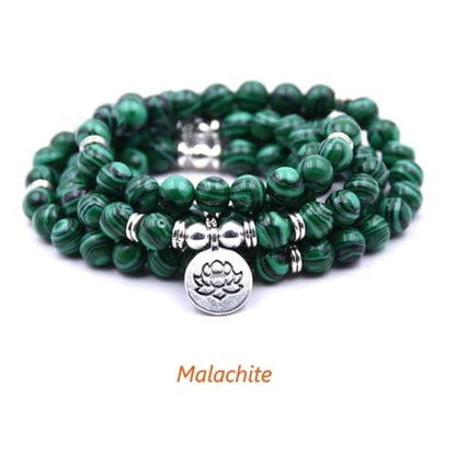 108 Mala Beads Bracelet Necklace - Gemstone Prayer Beads with Lotus Charm for Meditation & Yoga - style: Malachite