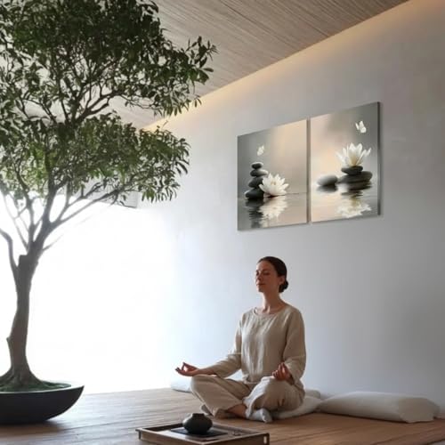 Lotus Wall Art Zen Stones in The Water Bathroom Calming Meditation Butterfly Framed Breathe Spiritual Canvas for Bathroom Living Room Yoga, Set of 3, 16x24 Inch - Ready to Hang - color: Lotus and Stones, size: 16" x 24"x3