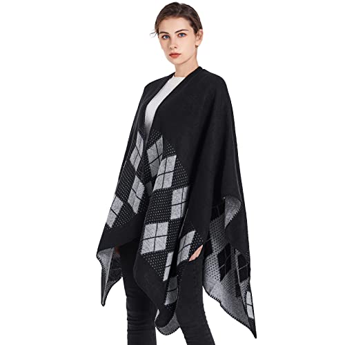 Shawl Wraps for Women, Elegant Knitted Cape Open Front Poncho Scarf Blanket Cardigan Coat for Spring, Autumn, and Winter - color: Black White