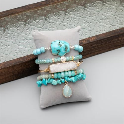 5PCS Natural Boho Beaded Bracelets Bangle for Women Men,Healing Turquoise Jasper Agate Crystal Gemstone Stone Chakra Multilayer Wrap Bohemian Handmade Jewelry Beads Stretch Bracelet Set - color: Blue