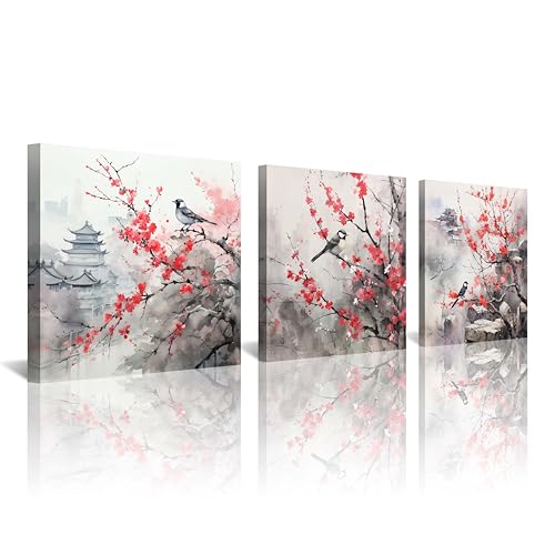 Asian Style Watercolor Traditional Chinese Wall Art Bird On Red Cherry Blossom Branch Decor Oriental Floral Landscape Painting Flower Ink Style Framed for Living Room Bedroom Bathroom Home Decor - color: Bird and Cherry, size: 12x12 inches (3 pieces)