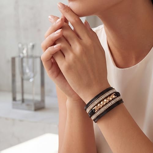 Edoneery Leather Wrap Bracelet for Women, Boho Handmade Multi-Layer Cuff with Crystal Beads Heart, Stackable Bangle Western Jewelry Gift - style: 6 Rhinestone(Black)
