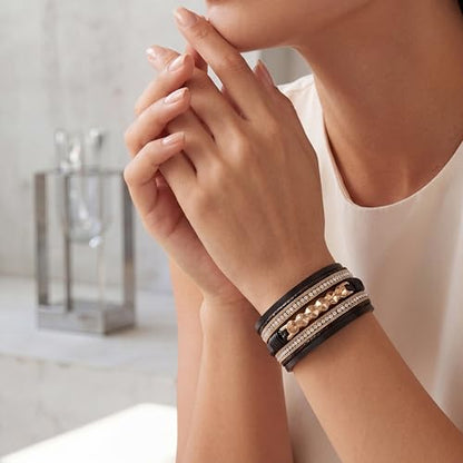 Edoneery Leather Wrap Bracelet for Women, Boho Handmade Multi-Layer Cuff with Crystal Beads Heart, Stackable Bangle Western Jewelry Gift - style: 6 Rhinestone(Black)