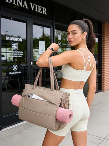 BAGSMART Yoga Tote Bag for Women with Knotted Handle, Lightweight Pilates Bag with Yoga Mat Holder, Gym Bag for Work Travel - color: Camel