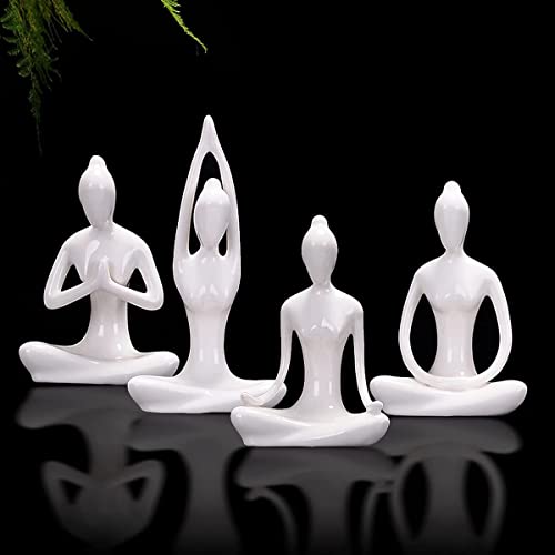 OwMell Lot of 4 Meditation Yoga Pose Statue Figurine Ceramic Yoga Figure Set Decor - White - color: White