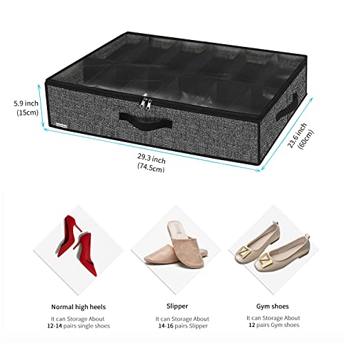 Onlyeasy Sturdy Under Bed Shoe Storage Organizer, Set of 2, Fit 12 to 24 Pairs, Underbed Shoes Closet Storage Solution with Clear Window, Breathable, L29.3 x W23.6 x H5.9, Linen-like Black, MXAUBSB2P - color: 2 Shoes (12+12 Cells) Linen-like Black