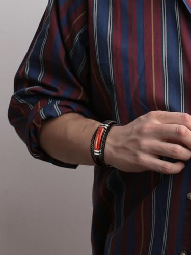 Mens Black Leather Obsidian/Turquoise/Tiger Eye/Red Agate Bracelet–Braided Multi‑Layer Wristband Cuff Bangle Bracelet with Stainless Steel Clasp Gift Jewelry Box Included - color: Red Agate, size: 8.3in(Fits most wrists)