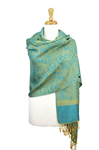 PASKMLNA Paisley Jacquard Pashmina Shawl Wrap Scarf Stole - color: Aqua Gold