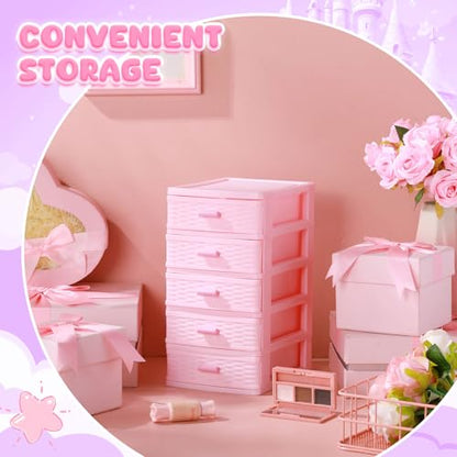 Pink Plastic Storage Drawers Desktop Storage Box Mini Drawer Organizer Necklace Jewelry Storage Case Cute Plastic Dresser for Girls Bathroom, Dorm, Desk, Home, 5 Layers