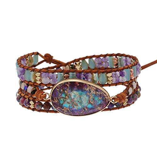 Plumiss Women Boho Handmade Natural Stone Crystal Leather Bead Wrap Bracelets Collection - style: Blue Purple 3W