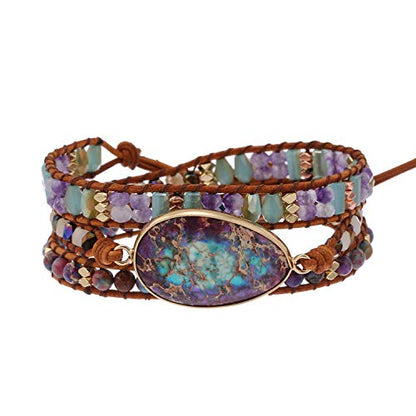 Women Boho Handmade Natural Stone Crystal Leather Bead Wrap Bracelets Collection - style: Blue Purple 3W