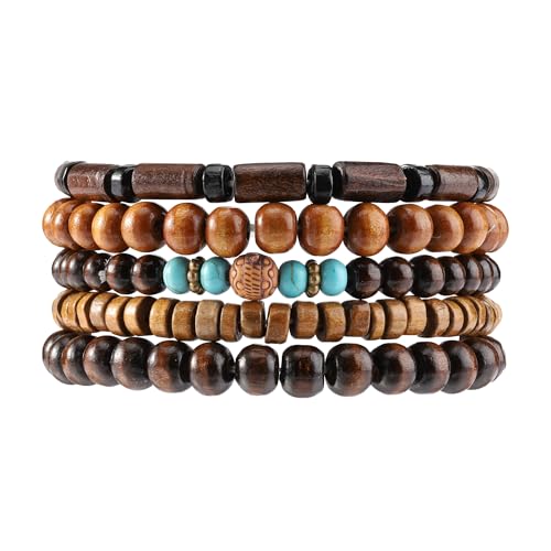 Wooden Beaded Bracelet for Men Women Brown Bracelet Mens Ethnic Tribal wrist Bracelets - color: A1:5Pcs