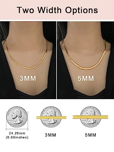 FOCALOOK 14K Gold Plated Necklaces for Women, Fashion Herringbone Choker Necklace Stainless Steel Flat Snake Chain 3/5MM(W) 12.5"/15"/18"+3.5"(L) - color: 3MM-14K Gold-15"