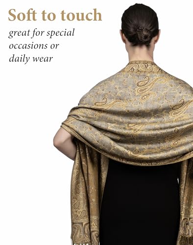 Achillea Reversible Paisley Pashmina Rave Scarf – Exotic Indian Shawls and Wraps for Evening Dresses, Festivals, All Seasons - color: Grey Gold