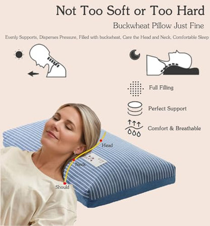 Buckwheat Pillows for Sleeping, Adjustable Hulls Firm Pillow Neck Head Back Shoulder Support for Pain Relief, Small Bed Pillow for Side Back Sleepers, Blue 19"X11"