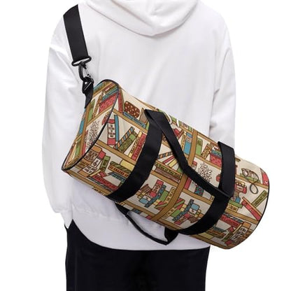 Sleeping Cat Library Bookshelf Cylindrical Portable Fitness Bag, Large Capacity Handbag - color: sleeping cat library bookshelf