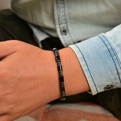 Men's Black Onyx Hematite Tube Beaded Link Bracelet, Handmade Thickened Adjustable Stainless Steel Chain, Stylish Mens Jewelry Gift for Dad, Husband, Son & Friend