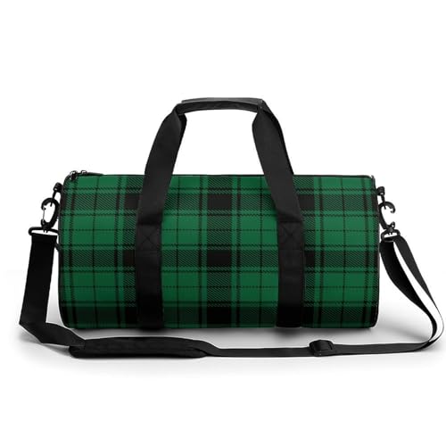 Scottish Tartan Plaid Green Cylindrical Portable Fitness Bag, Large Capacity Handbag - color: Scottish Tartan Plaid Green