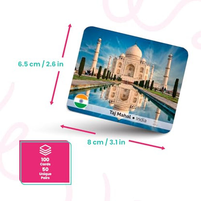 Menique Explore the World Memory Matching Game – 100 Cards (50 Pairs) with Famous Landmarks from 50 Countries – Includes Flag, Country & Place – Educational Geography Game + Informative Booklet - style: Explore the World
