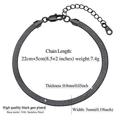 FindChic Elegant Herringbone Snake Chain Anklets/Bracelets 3MM/5MM Width Stainless Steel/18K Gold/Rose Gold Plated/Black 4 Color Options, 8.3'' 8.5'' 10.5'' Length, with Gift Box - color: A: 5mm 8.5'' anklet (Black)