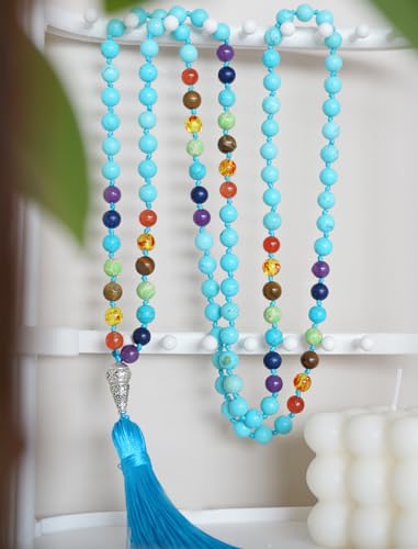 Mala Beads 108 Handmade Necklace,Natural Indian Agate Turquoise Amethyst with Alloy Guru Bead and Tassel,43.2 Inches for Prayer,Meditation,Yoga - color: Turquoise