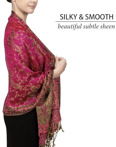 Achillea Reversible Paisley Pashmina Rave Scarf – Exotic Indian Shawls and Wraps for Evening Dresses, Festivals, All Seasons - color: Fuchsia