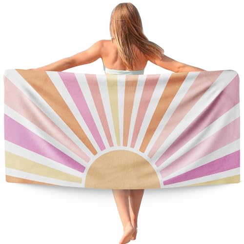 Boho Pink Sun Sunshine Beach Towel, Sunrise Sunset Microfiber Beach Towels Oversized 30x60 Inch for Bathroom, Boho Quick Dry Travel Sand Free Beach Towel Decor for Swimming Pool Camping - color: Pink