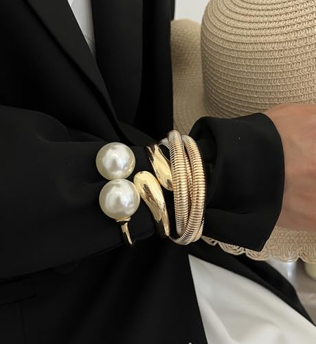 Chunky Gold Bangle Bracelets for Women, Dainty 14k Gold Plated Big Stackable Bangles Set, Trendy Statement Cuff Bracelet Stack Fashion Jewelry Gifts - style: Big pearl bangles