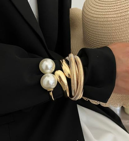 Chunky Gold Bangle Bracelets for Women, Dainty 14k Gold Plated Big Stackable Bangles Set, Trendy Statement Cuff Bracelet Stack Fashion Jewelry Gifts - style: Big pearl bangles